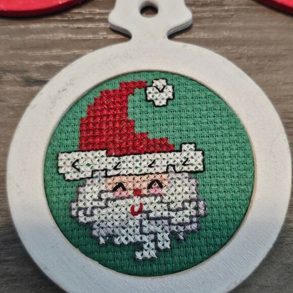 Vintage Christmas Cross Stitch Ornaments 80s Hand Made Santa Candle Snow Toys - Picture 7 of 8